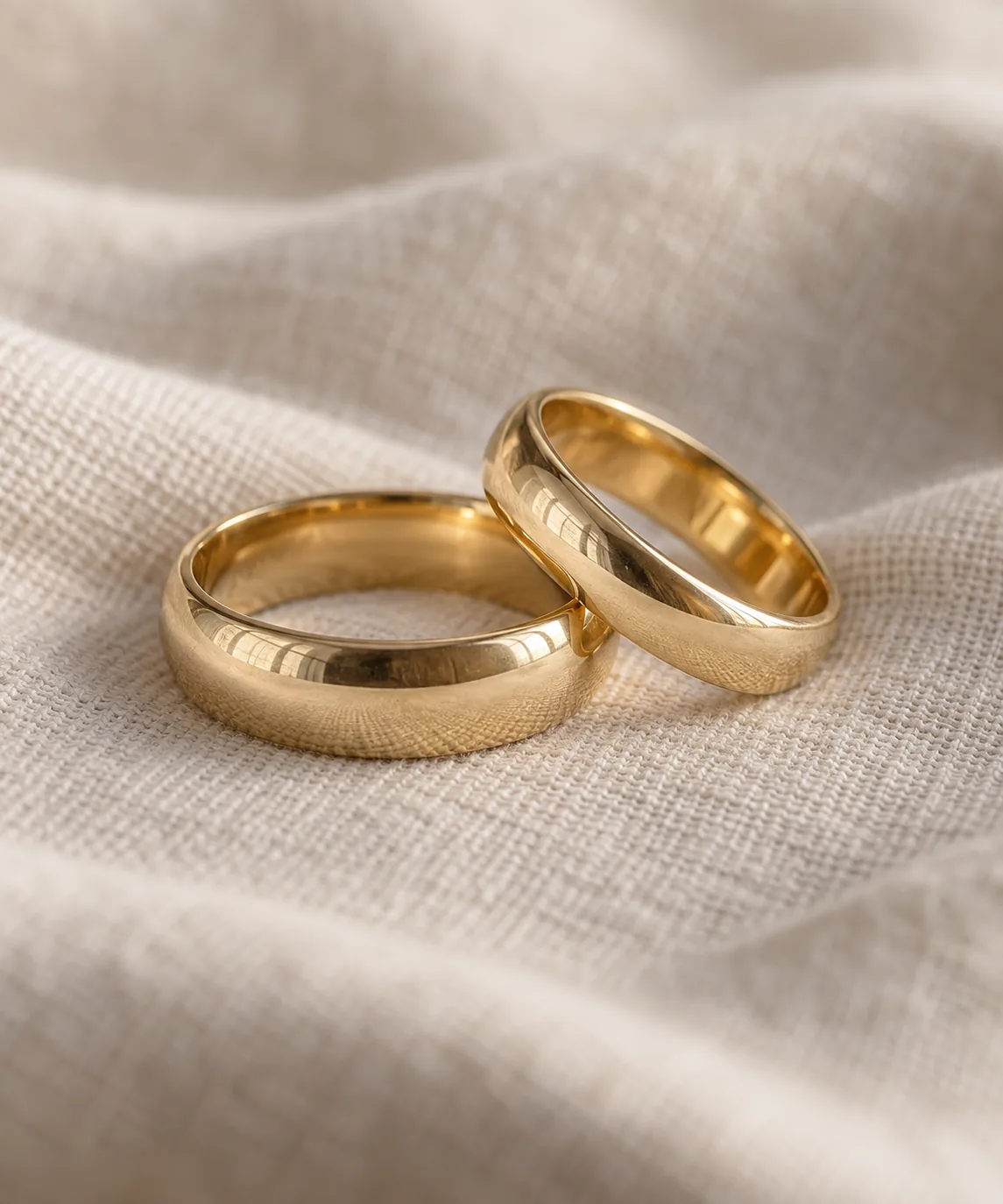 Two gold wedding rings on fine fabric, a symbol of a shared beginning